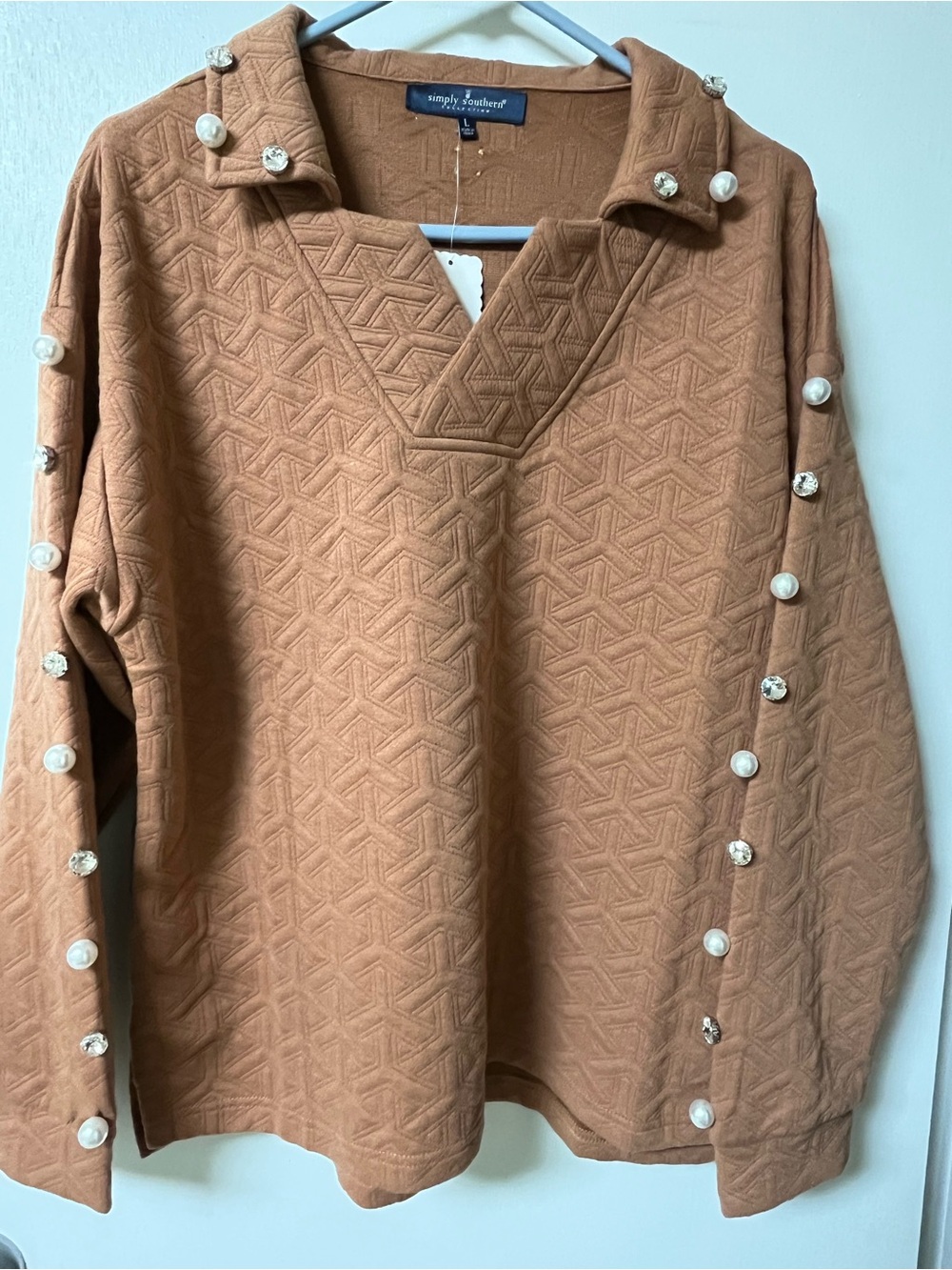 Simply Southern Tan Quilted Pullover with Embellishments